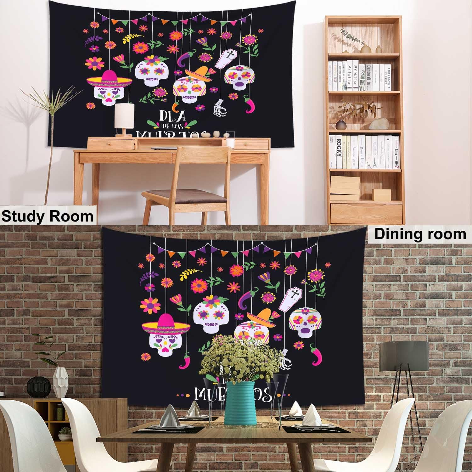 Pznen Tapiz del Día de los Muertos para colgar en la pared, diseño de calavera con diseño de flores, fondo negro grande, 60 x 80 pulgadas, fondo