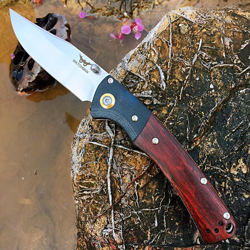 Watchman HD01 Cuchillo plegable de bolsillo de acero inoxidable D2 hoja mango de madera con clip Pesca Camping EDC Cuchillo