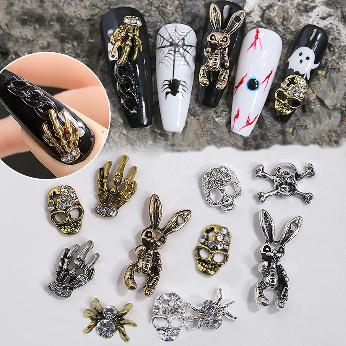 20 dijes de uñas de Halloween 3D dorado y plateado para uñas, diamantes de imitación góticos de calavera esqueleto, mano, araña, joyería de uñas,