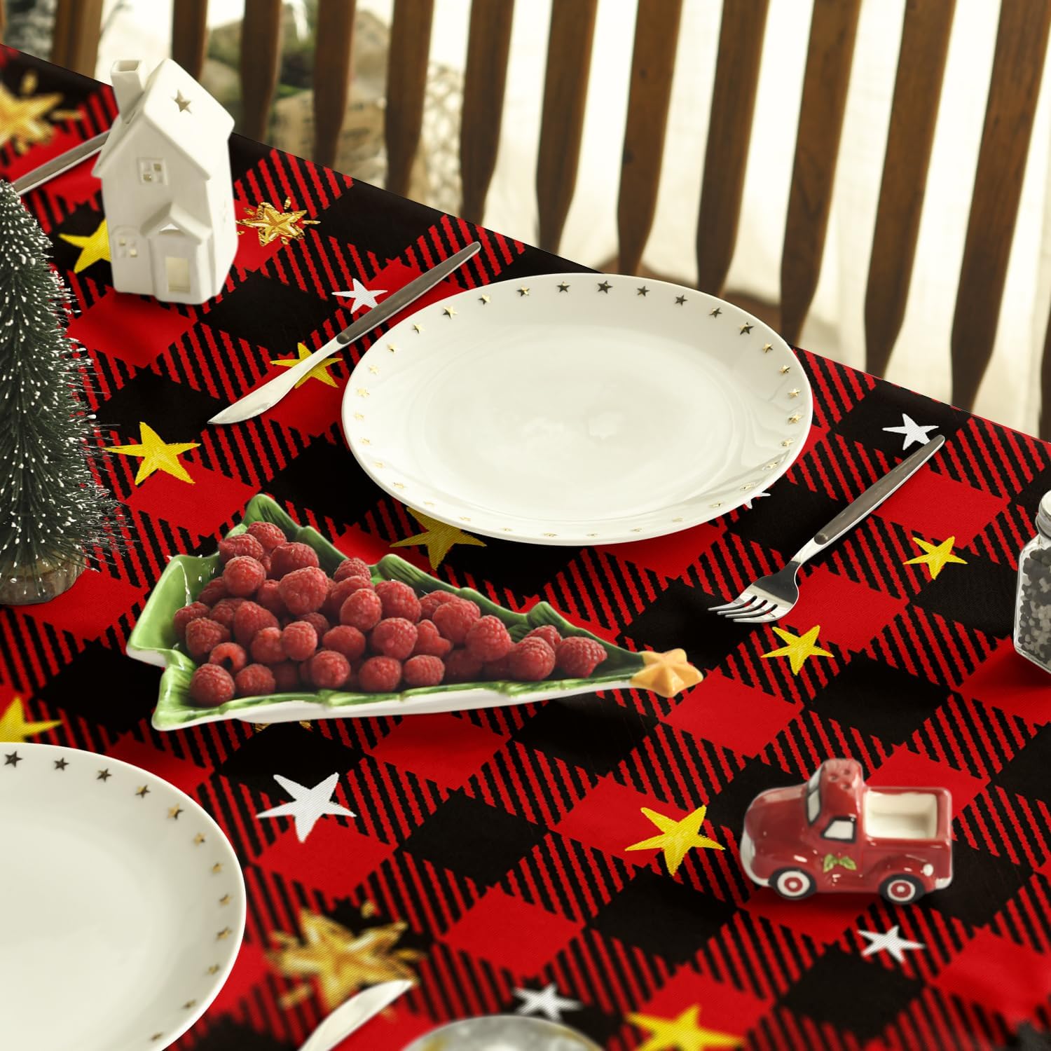 Horaldaily Mantel de Navidad de 60 x 120 pulgadas, diseño de búfalo rojo a cuadros, lavable, para decoración de fiestas, pícnic, cenas