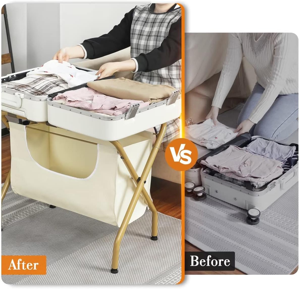 ELYKEN Paquete de 2 portaequipajes con bolsa de lavandería, soporte plegable para maleta de ahorro de espacio para habitación de huéspedes, estante