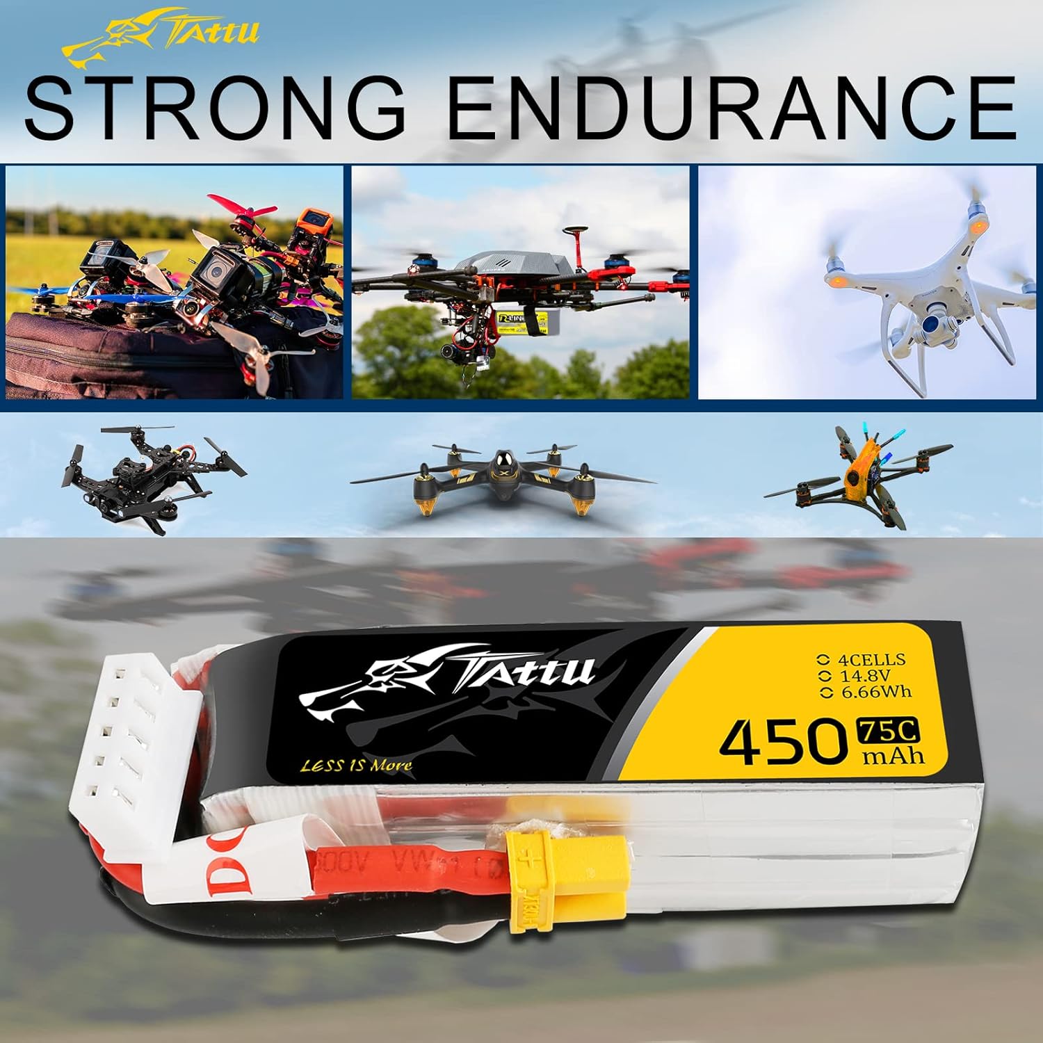 Gens ace Tattu 4S Lipo Batería 14.8 V 450 mAh 75C Lipo Batería XT30 Plug para H Frame Mini RC Racing Drone FPV