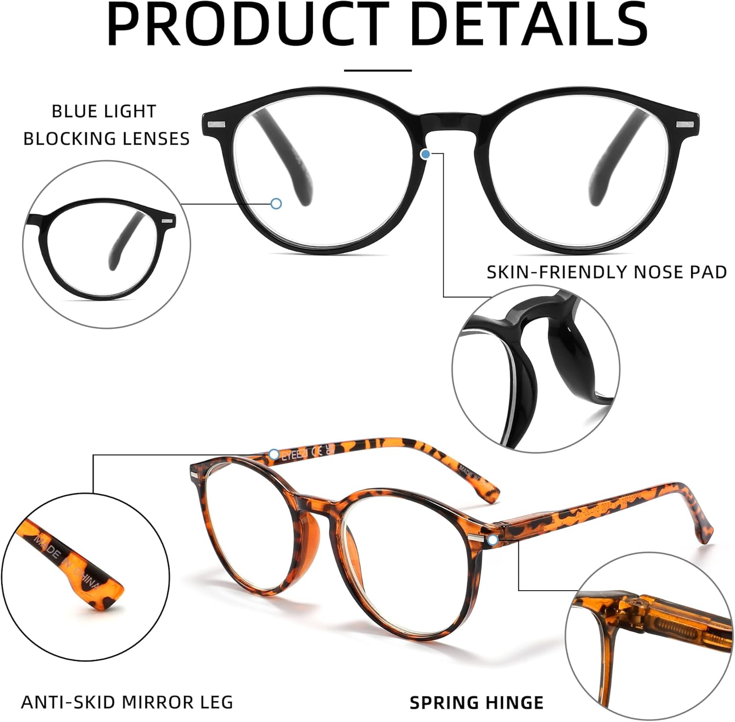 eyeezi Paquete de 5 lentes de lectura con bloqueo de luz azul para mujeres y hombres, bisagra de resorte UV400, lentes redondos para lectura de