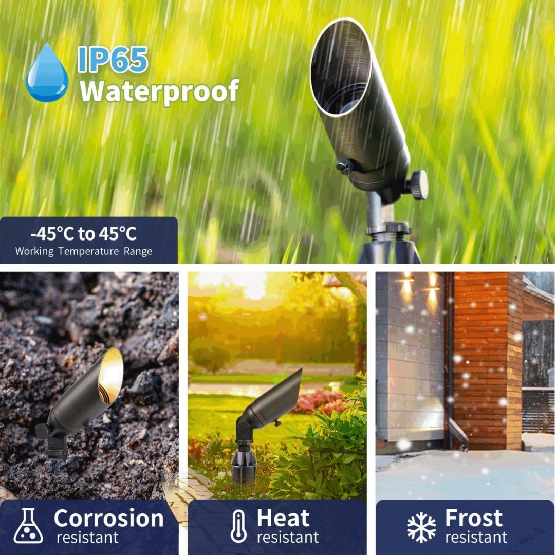 Gardenreet Luces LED de latón para paisaje, impermeables, para exteriores, 12 V, focos de bajo voltaje para paredes, árboles, banderas con estaca de