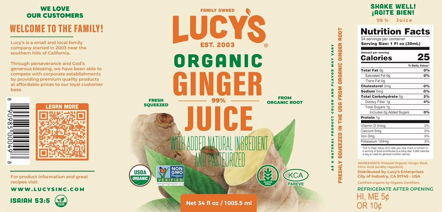 Lucy’s Propiedad familiar (hecho de fresco prensado) orgánico sin OMG 99% jugo de jengibre puro, botella de vidrio de 34 onzas