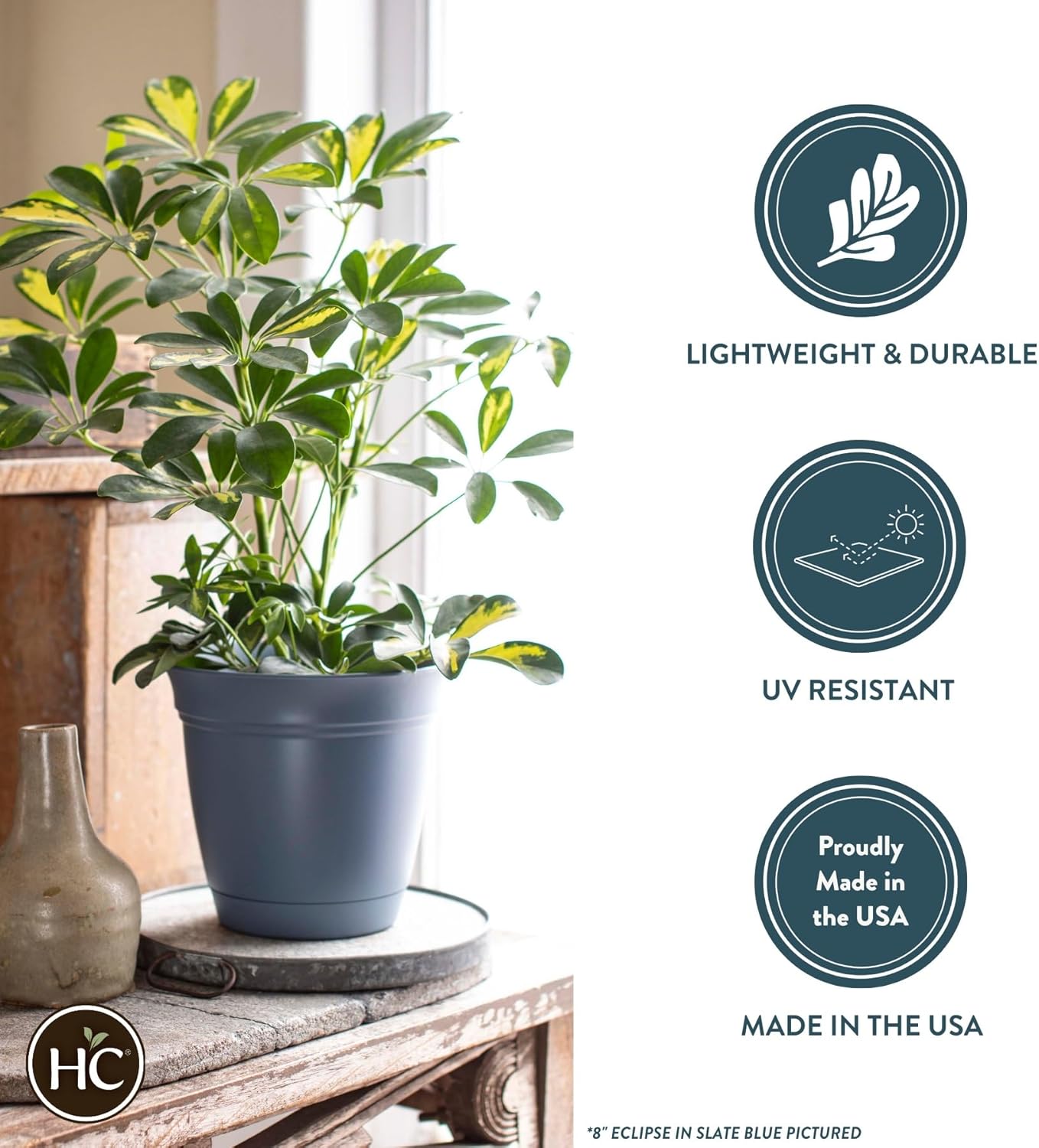 The HC Companies Eclipse Maceta redonda de 6 pulgadas, con platillo, maceta para interiores y exteriores, para flores, verduras y hierbas, blanco