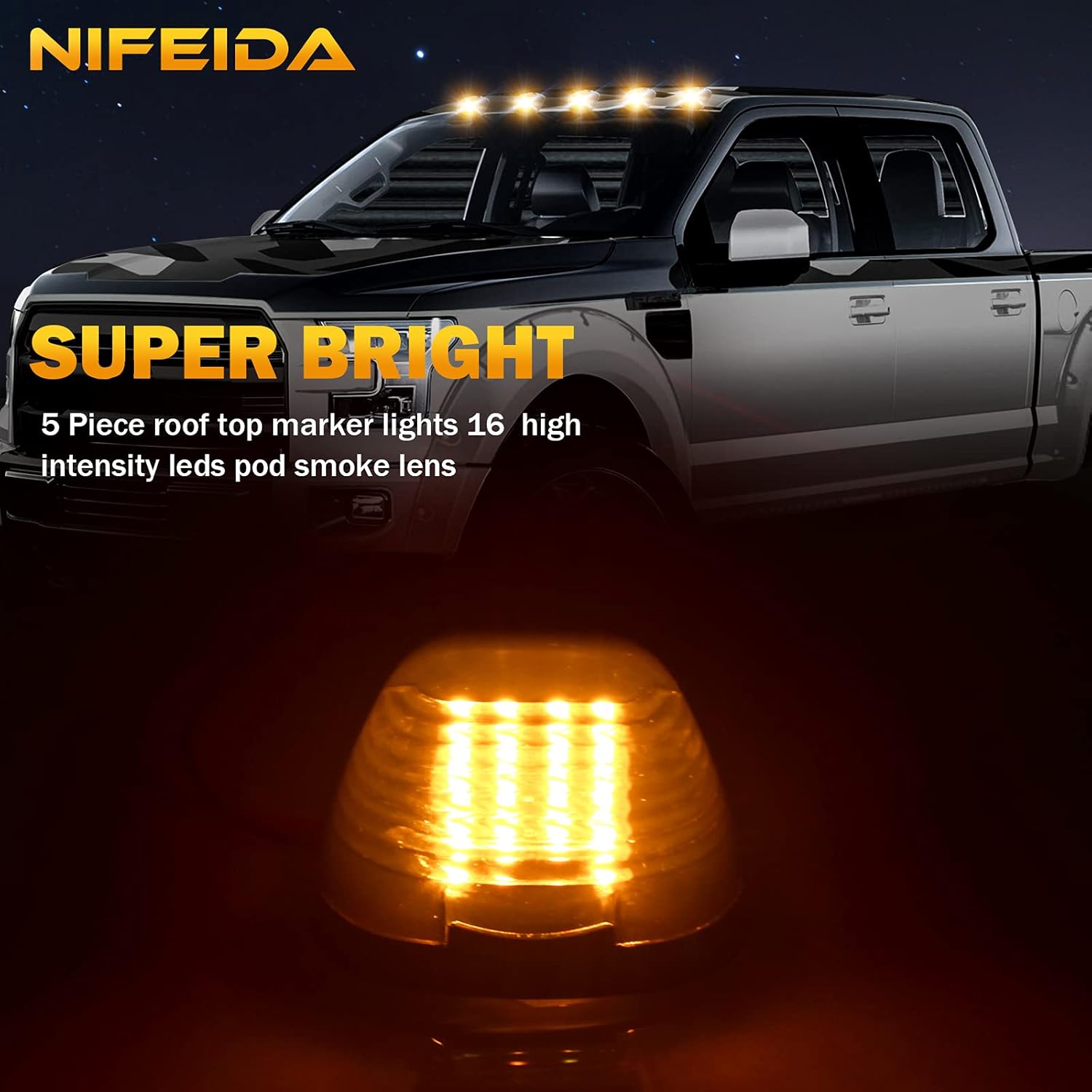 nifeida Luces de marcador de techo de cabina, lente ahumada, 16 LED, luz ámbar para Ford F150 F250 F350 F450 F550 F650 F750 E150 E250 E350 E450