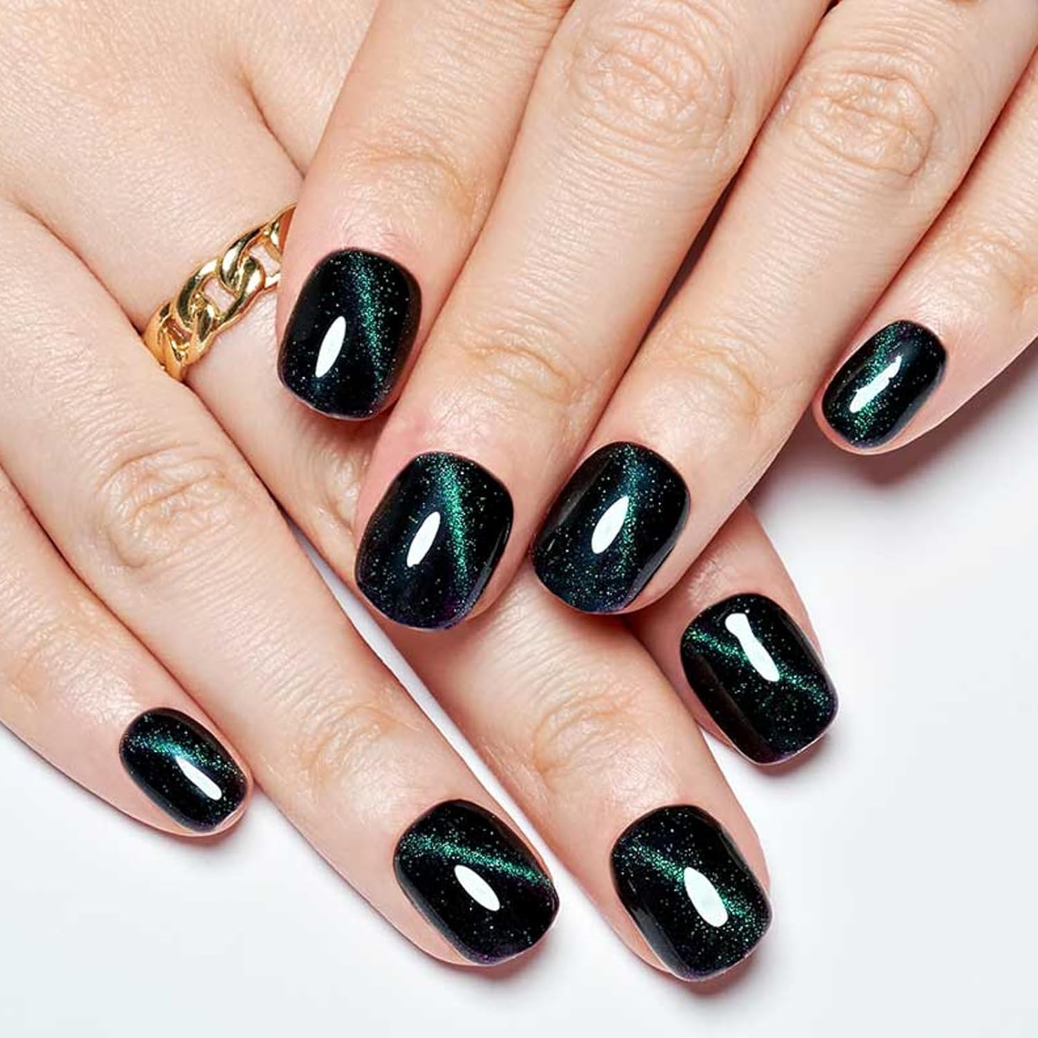 GLAMERMAID – Uñas de gel a presión con diseño de ojos de gato, cuadradas, hechas a mano, con purpurina negra y verde, uñas postizas cortas ovaladas