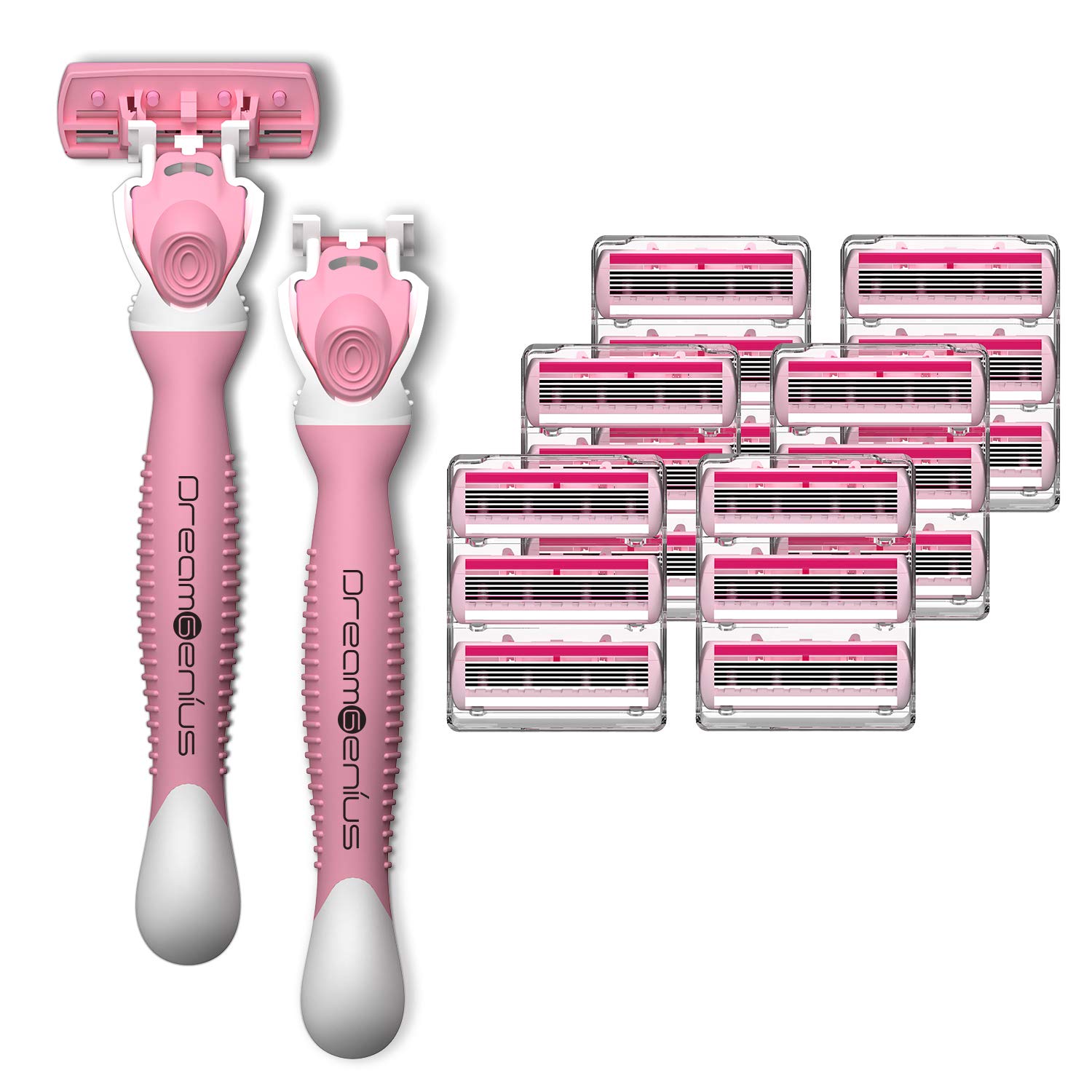 DreamGenius Maquinillas de afeitar para mujer, 6 cuchillas incluye 2 asas y 19 repuestos, paquete de afeitadora, antideslizante, transporte de