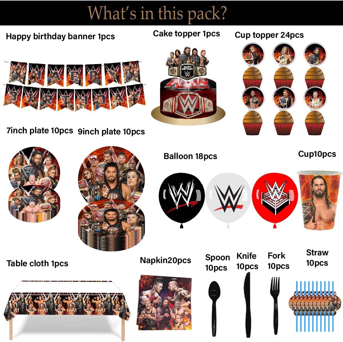 Suministros de fiesta de cumpleaños de lucha libre con pancarta de feliz cumpleaños, decoración de tartas, platos de globos y tazas, mantel para