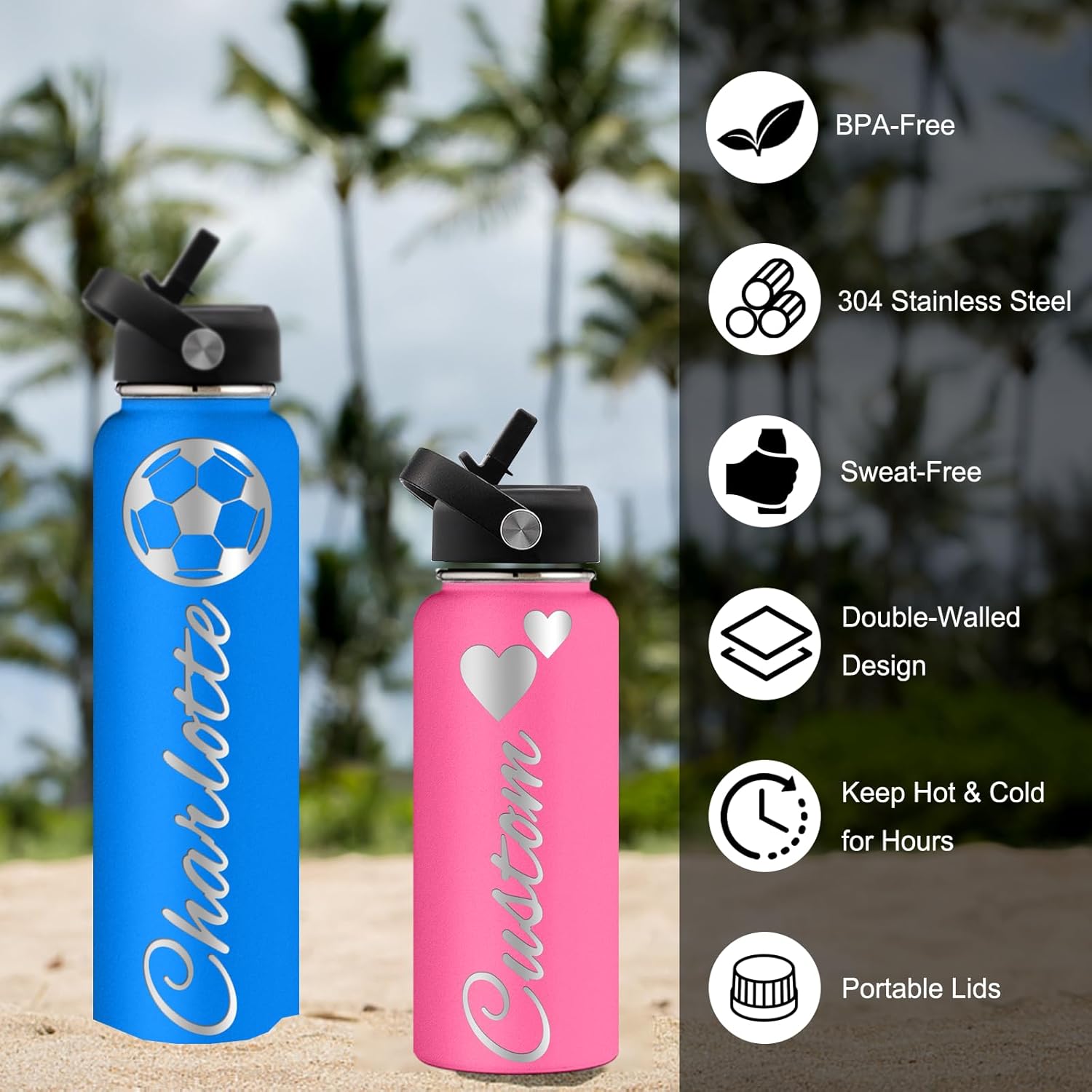 GBVllexuii Botellas de agua personalizadas de acero inoxidable con tapa de pajilla, botella de agua deportiva aislada de 32 onzas con nombre grabado