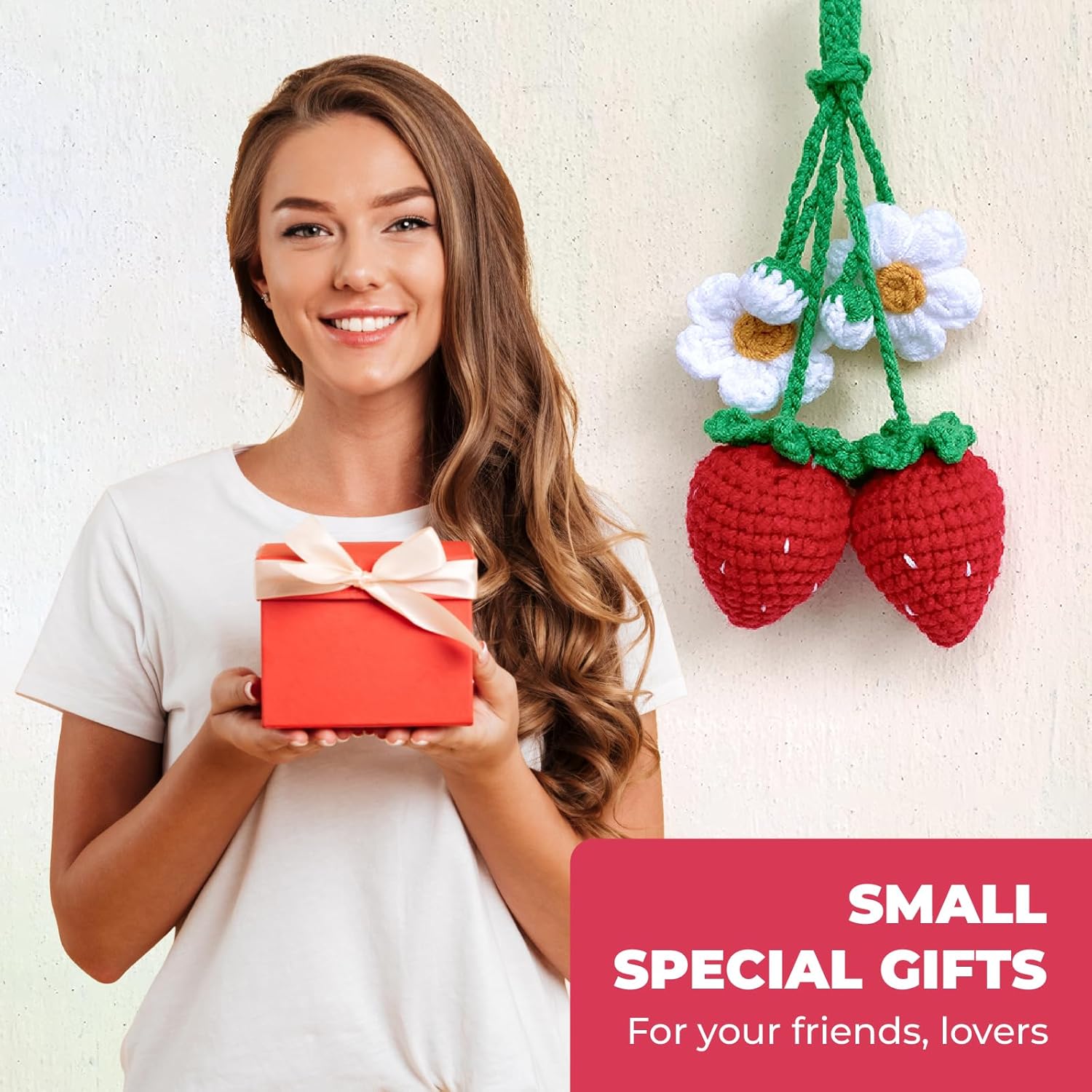 2 Handmade Crochet Strawberry Ornaments, Strawberry Accessories car, Cute Car Accessories for Rear View Mirror, Hanging Car Charm For Women Like