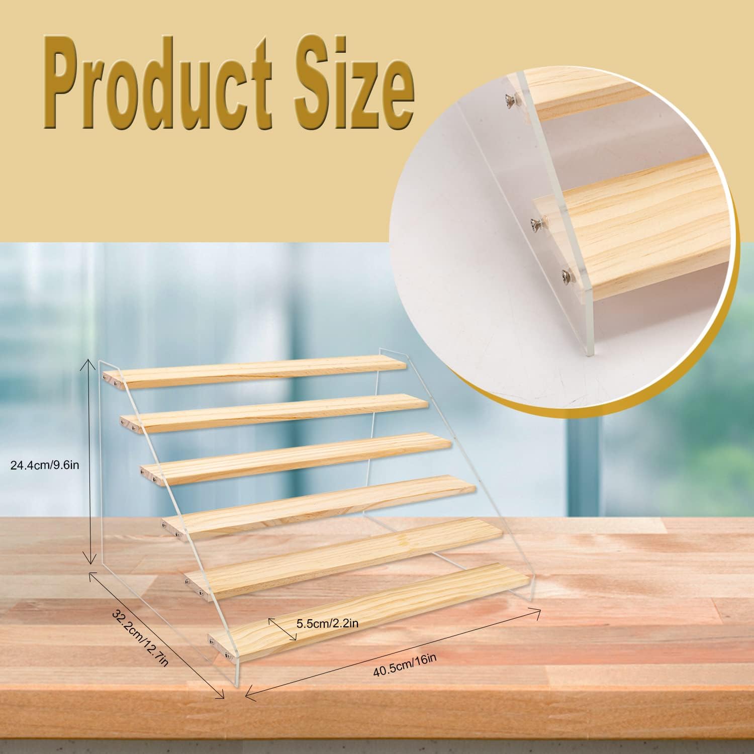 Paquete de 2 soportes de exhibición de acrílico de madera, organizador de estantes de madera escalonados de 6 escalones, estantes de mesa para