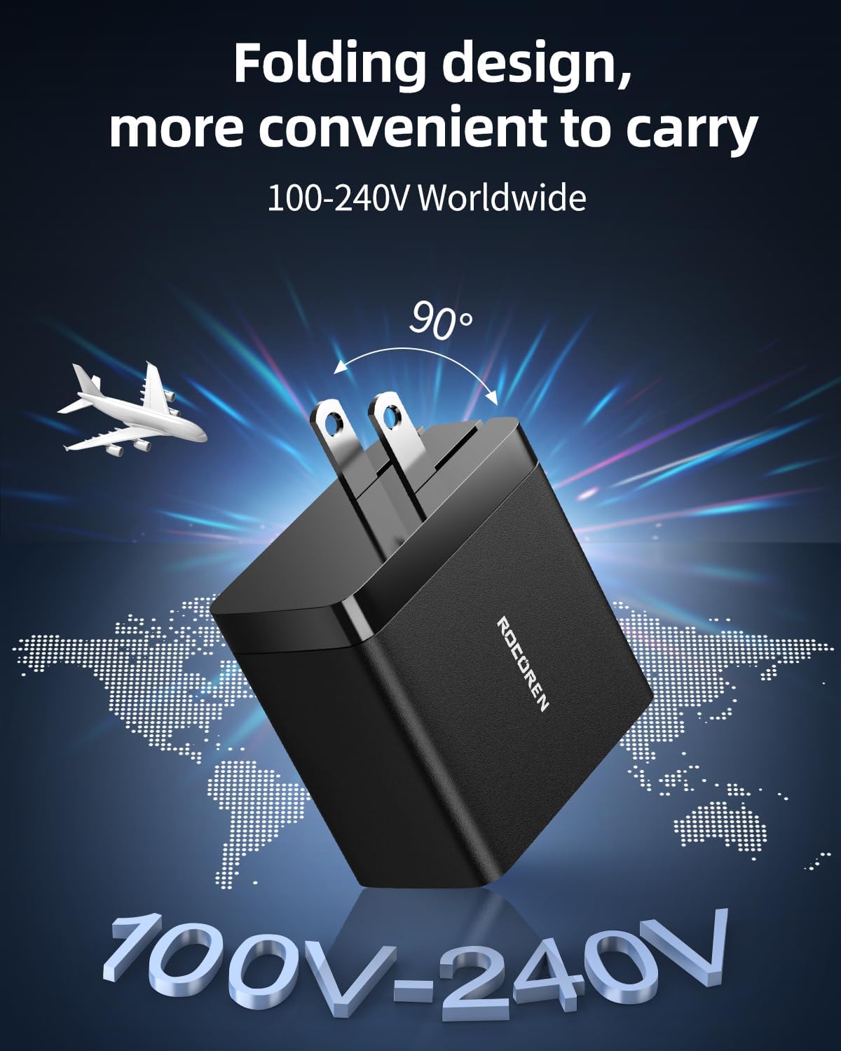 Rocoren Cargador USB C, doble 67 W GaN V Tech 4 puertos PD3.0 QC4.0 PPS cargador de pared USB C plegable de 65 W, bloque de cargador rápido