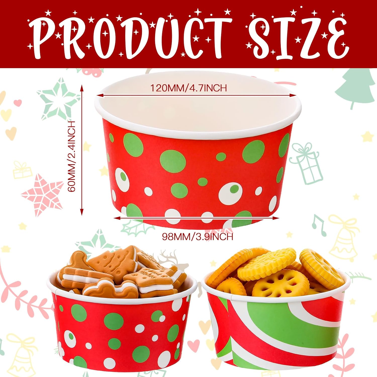 Paquete de 72 tazas de aperitivos de Navidad de 16 onzas, tazas desechables para helado, cuencos de papel para yogur, tazas de postre, vasos de