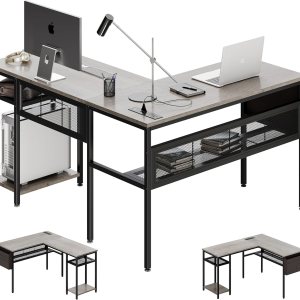 Shintenchi Escritorio de oficina en casa en forma de L con toma de corriente y puerto de carga USB, escritorio de esquina reversible para Shintenchi Escritorio de oficina en casa en forma de L con toma de corriente y puerto de carga USB, escritorio de esquina reversible para
