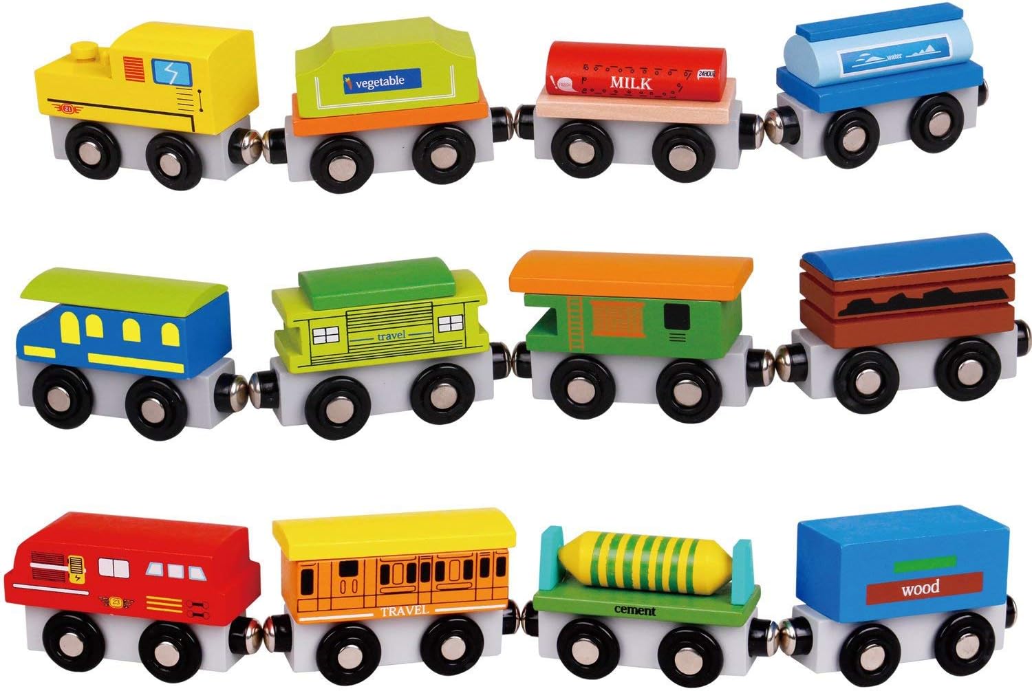 Pidoko Kids Juego de tren de madera  12 piezas de coches motores  Compatible con Thomas Train Set Tracks y las principales marcas  Juguete perfecto