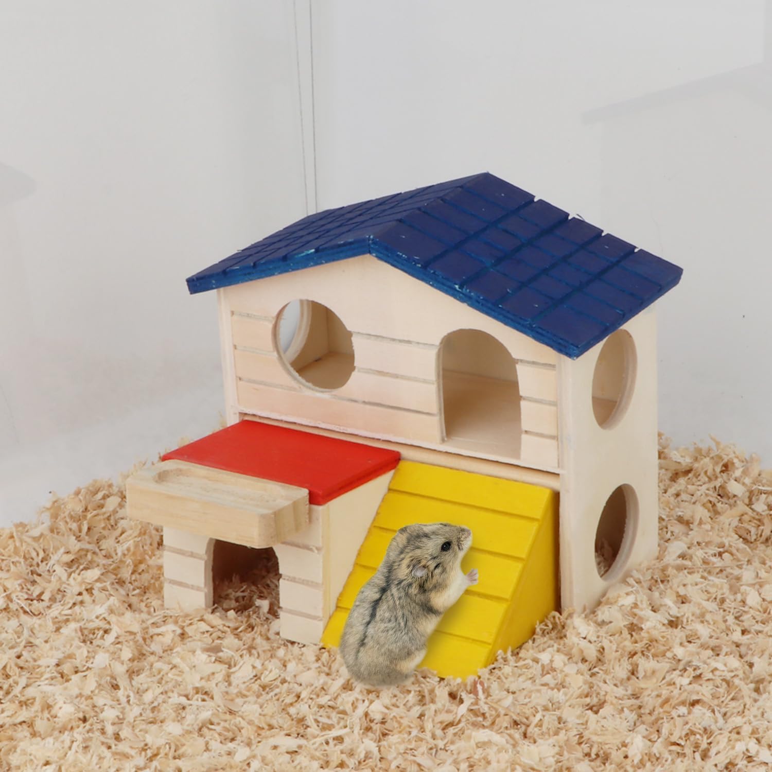 Cabaña de escondite para hámsteres pequeños Animales de dos capas Casa de madera para ratones Gerbo Rata enana Jaula de hámster Juguete de ejercicio