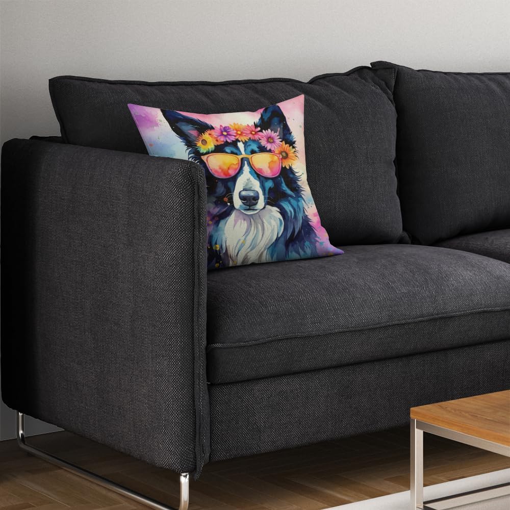 Caroline’s Treasures DAC2466PW1414 Border Collie Hippie Dawg – Almohada decorativa de tela, lavable a máquina, almohada decorativa para interiores y