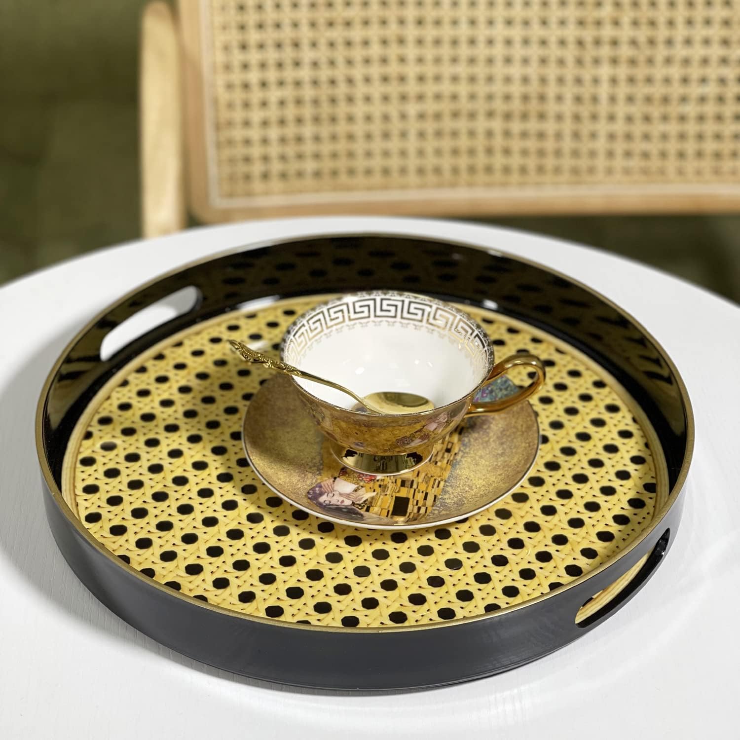Zosenley Bandeja decorativa redonda, bandeja de plástico marmoleado con asas, moderna bandeja de tocador y bandeja para servir otomana, mesa