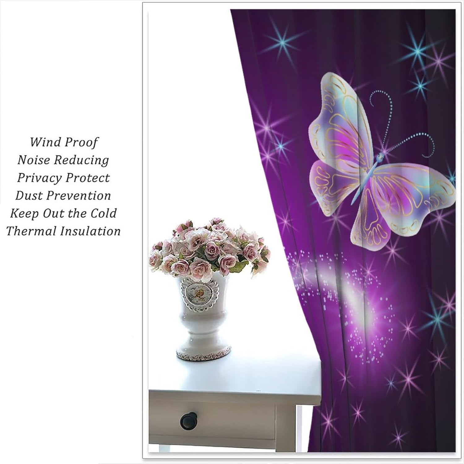Cortinas de mariposas coloridas con diseño de mariposas brillantes y fuegos artificiales y estrellas brillantes, cortinas opacas con bolsillo para