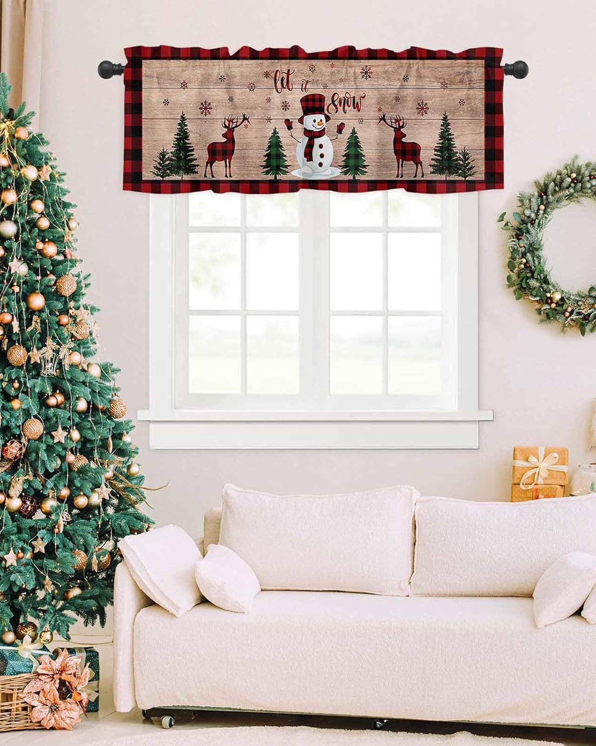 Cenefa de cortina de cocina con diseño de muñeco de nieve de Navidad, cenefa de ventana con bolsillo para barra, 1 panel de cenefas para sala de