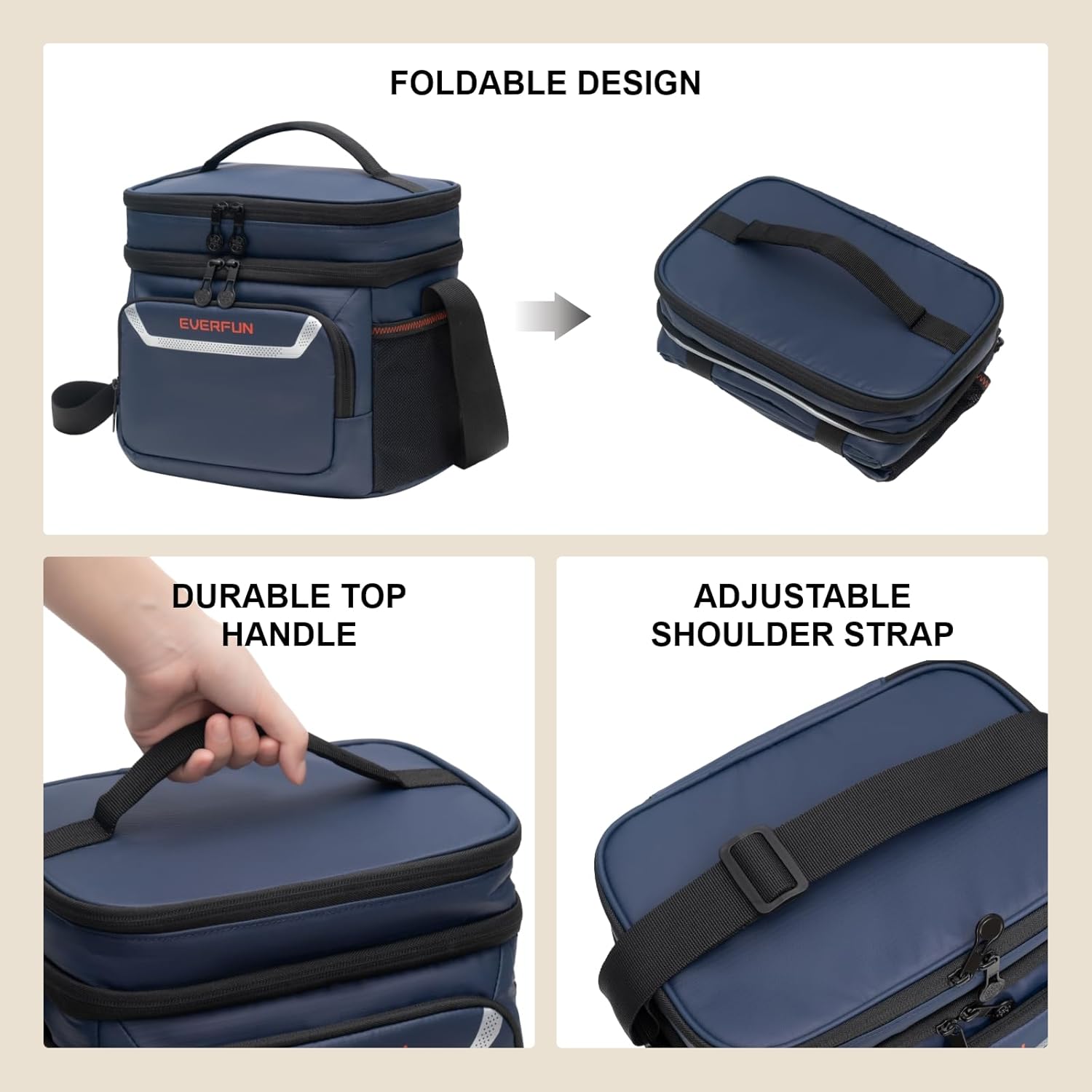 Everfun Lonchera térmica suave para hombres, con doble compartimento, pequeña, plegable, impermeable, a prueba de fugas, para el trabajo, azul marino
