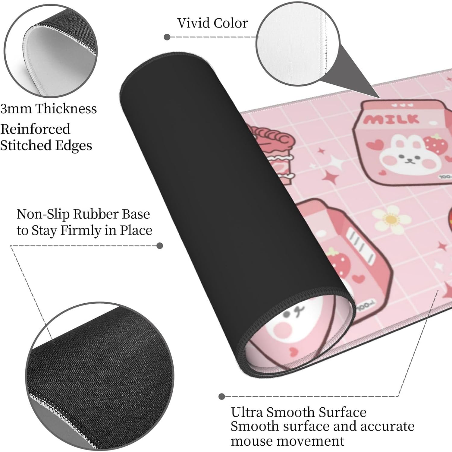 Alfombrilla de mouse Kawaii rosa con diseño de conejito de fresa de 11.8 x 31.5 pulgadas, accesorios de escritorio, base de goma antideslizante