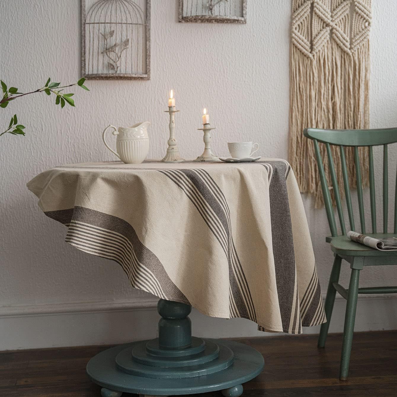 ArtBud Mantel de lino de algodón de arpillera marrón, mantel de granja a rayas, cubierta de mesa de picnic de tela pesada, decoración de cocina