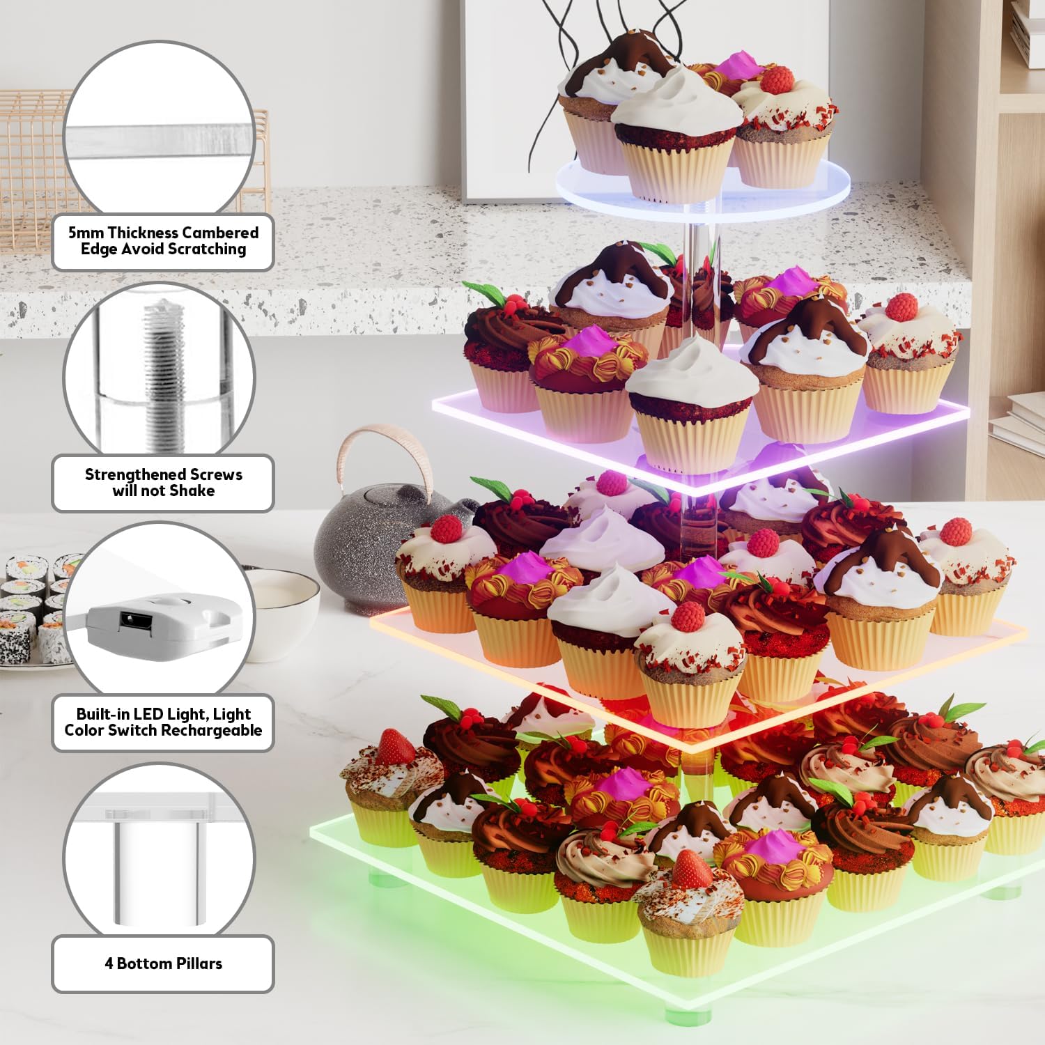 Soporte acrílico para cupcakes, 4 niveles recargable LED para postres, torre de cupcakes para Halloween, Navidad, boda, fiesta, baby shower y