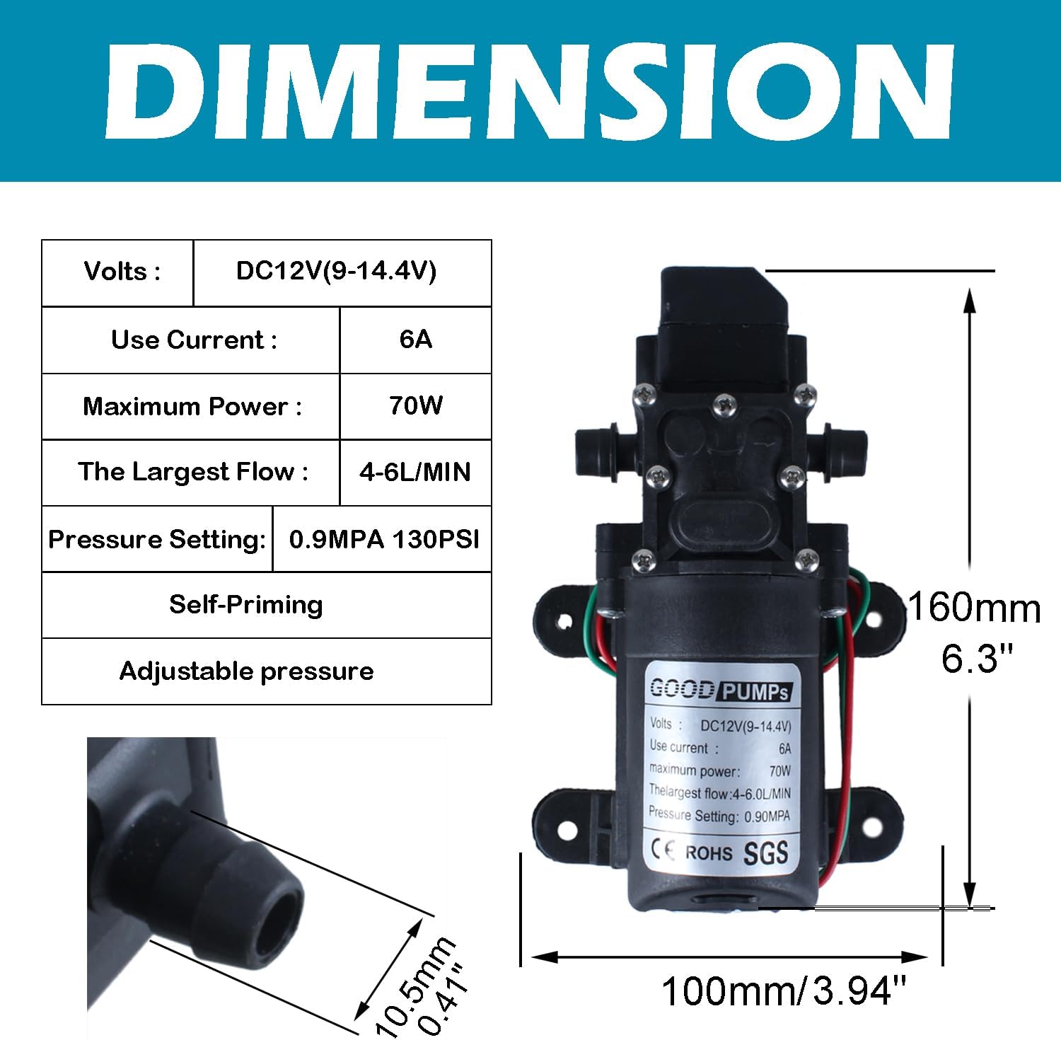 Pulverizador de bomba de 12 V CC 70 W 0.9MPA 130 psi Bomba de presión de agua Bomba de refuerzo para el hogar Bomba de diafragma Conectar a