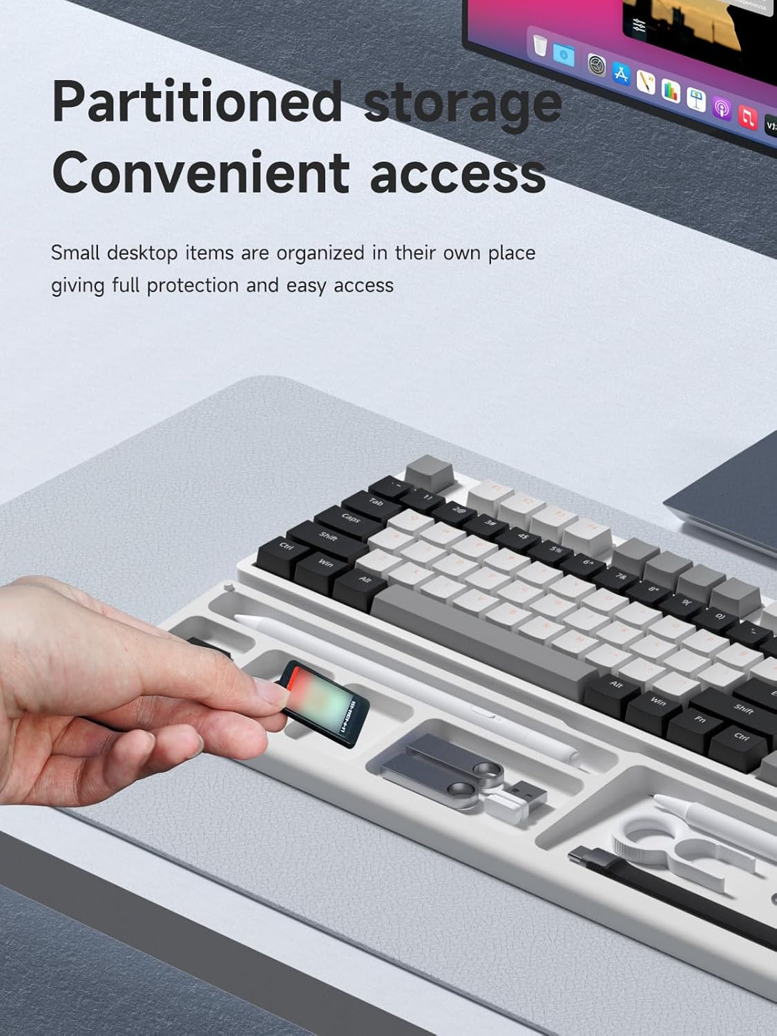 Hagibis Soporte para reposamuñecas para teclado con funda de almacenamiento de partición de escritorio, cubierta superior translúcida de PMMA, base
