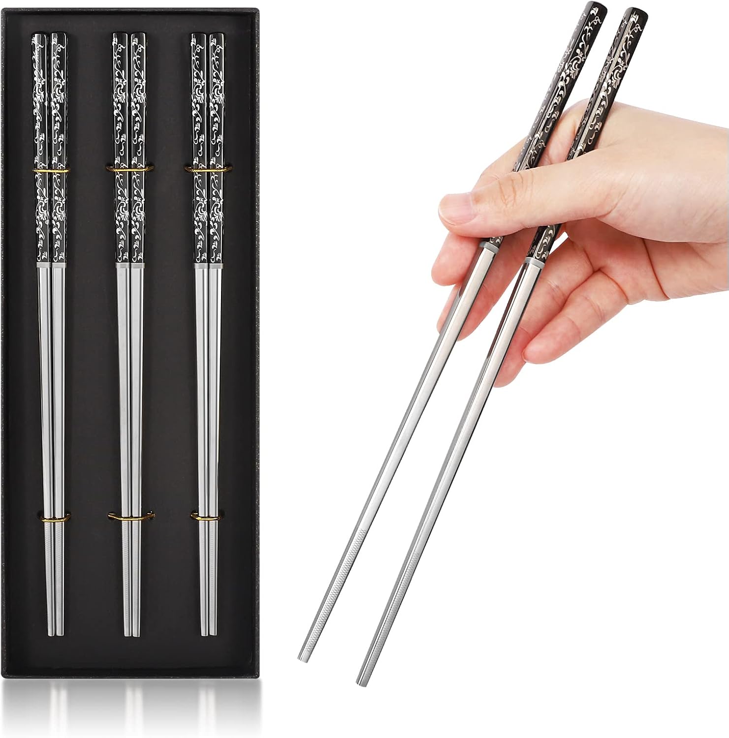 Palillos de acero inoxidable, reutilizables, chapados en titanio, juego de regalo japonés de primera calidad, apto para lavavajillas (3 pares)