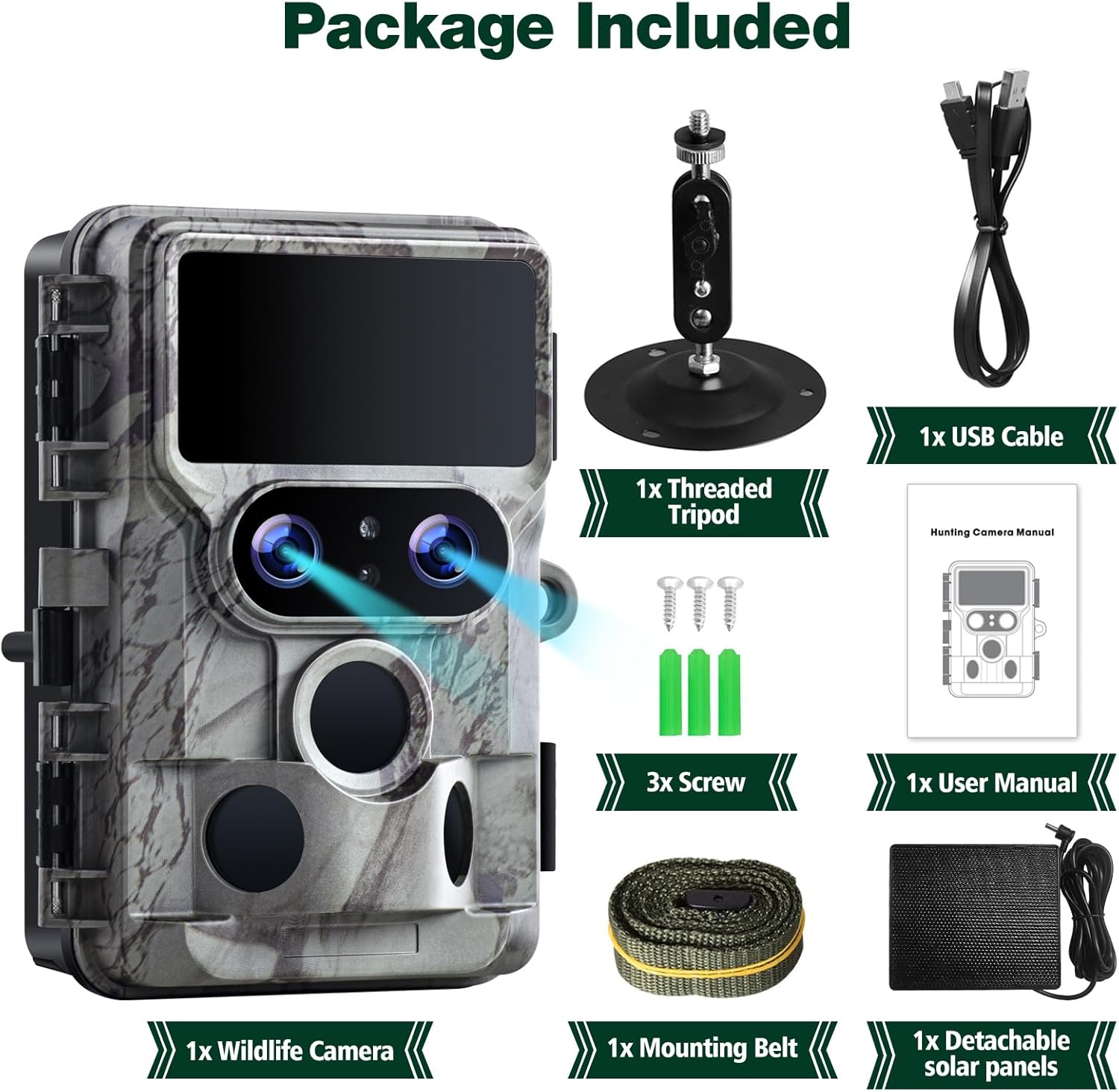 VOOPEAK Cámara solar de rastro, visión nocturna Starlight de doble lente nativa 4K 60MP 30FPS WiFi Bluetooth cámaras de caza con un panel solar de