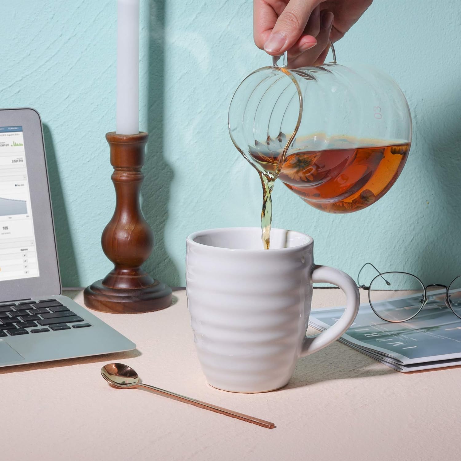 ComSaf Juego de 6 tazas de café de cerámica, taza de café grande de 15 onzas, taza de té para oficina y hogar, taza de porcelana con asa para