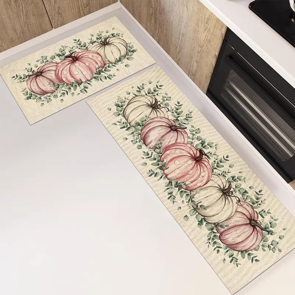 Alfombrillas de cocina antifatiga para piso, 2 unidades, alfombras de cocina de calabaza rosa y blanca, alfombra de granja suave antideslizante para