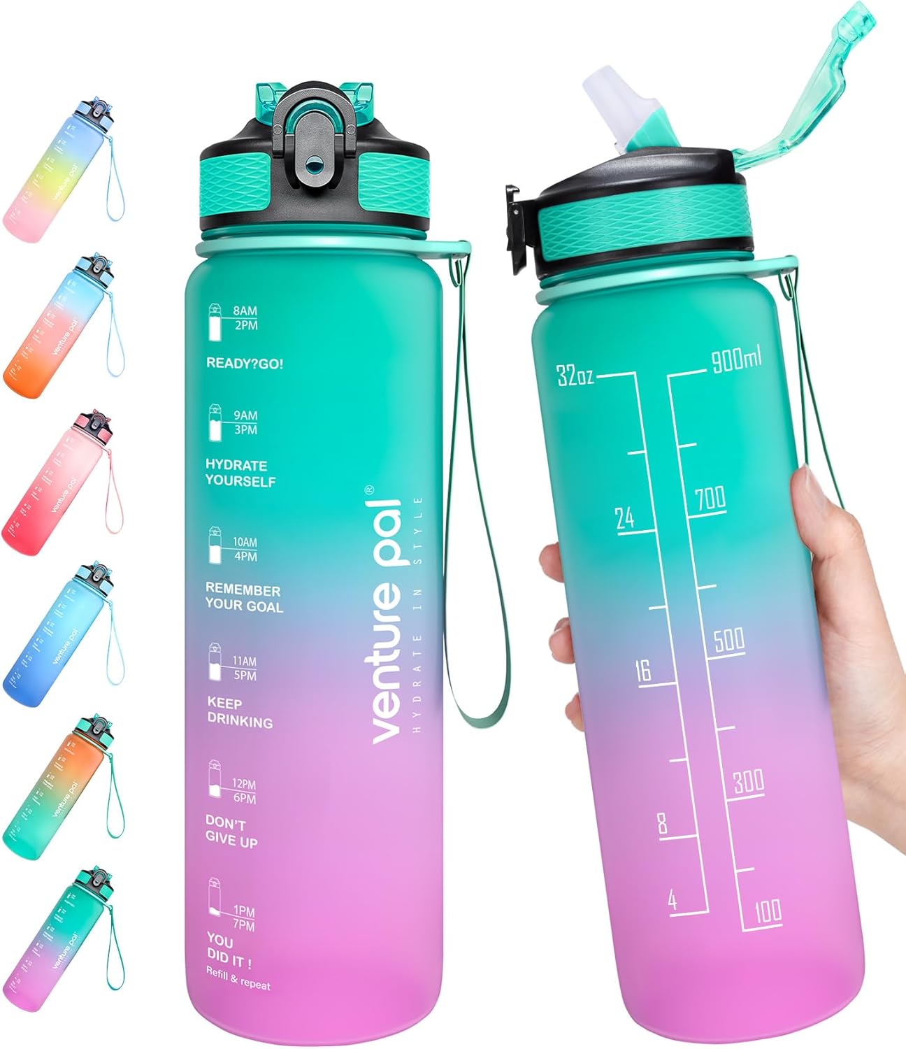 Venture Pal 22 oz 32 oz Sports Water Bottle with Time Marker, Carry Strap and Cleaning Brush – BPA Free, Leak Proof, Straw Lid – Perfect for Fitness