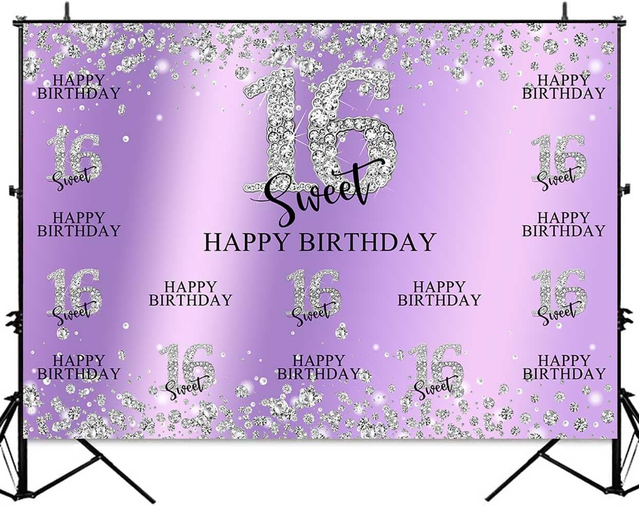 Sensfun Telón de fondo para fiesta de cumpleaños de 16 años, morado y plateado, decoración de dulces dieciséis dulces, diamantes con purpurina,