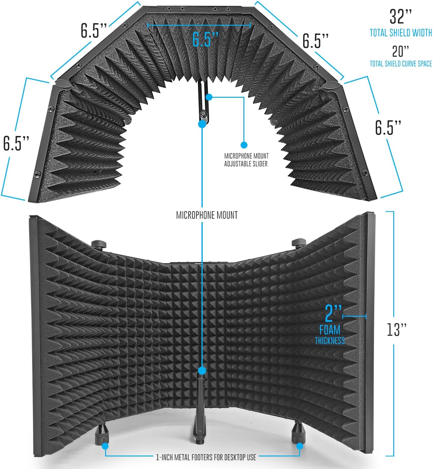 AxcessAbles – Escudo de aislamiento de micrófono de estudio de grabación grande de 32 x 13 pulgadas con soporte de trípode de 3 niveles y filtro pop