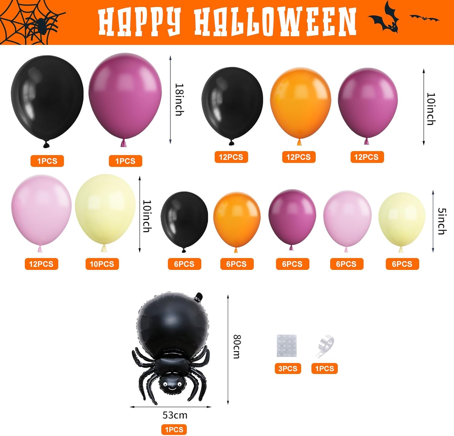 Kit de guirnalda de globos de Halloween, kit de arco de globos de Halloween negro, naranja, rosa, con globo amarillo pastel, araña, fantasma,