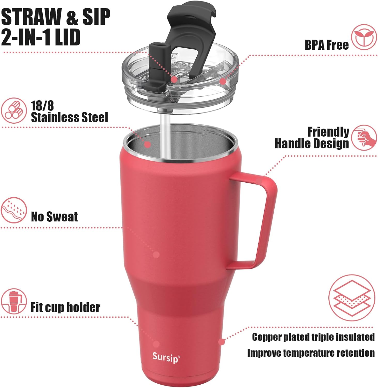 Sursip Vaso aislado de 40 onzas con mango de acero inoxidable y tapa con popote 2 en 1, taza de viaje de acero inoxidable de doble pared a prueba de