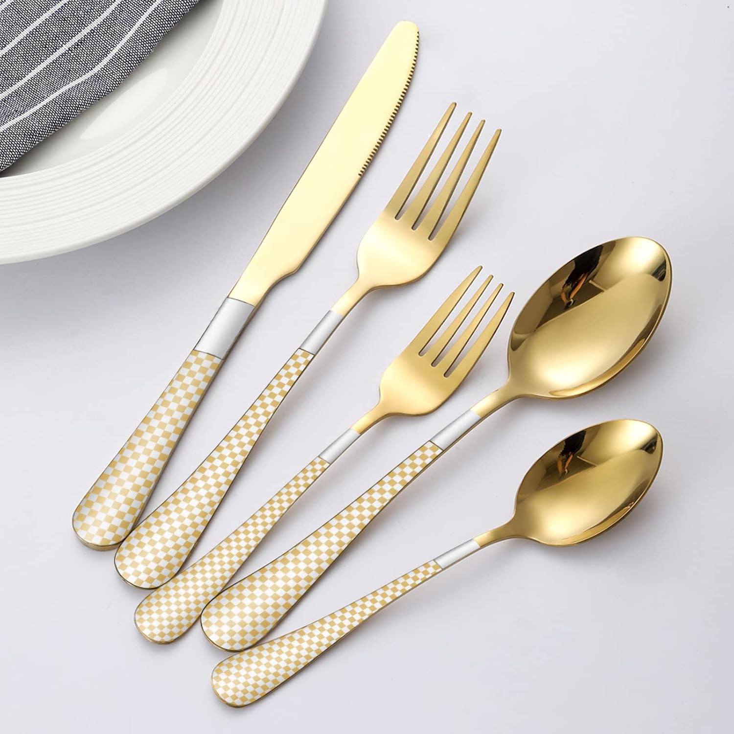 Juego de cubiertos de acero inoxidable con estampado a cuadros, 20 piezas, con cuchillo, tenedor, cuchara, apto para lavavajillas