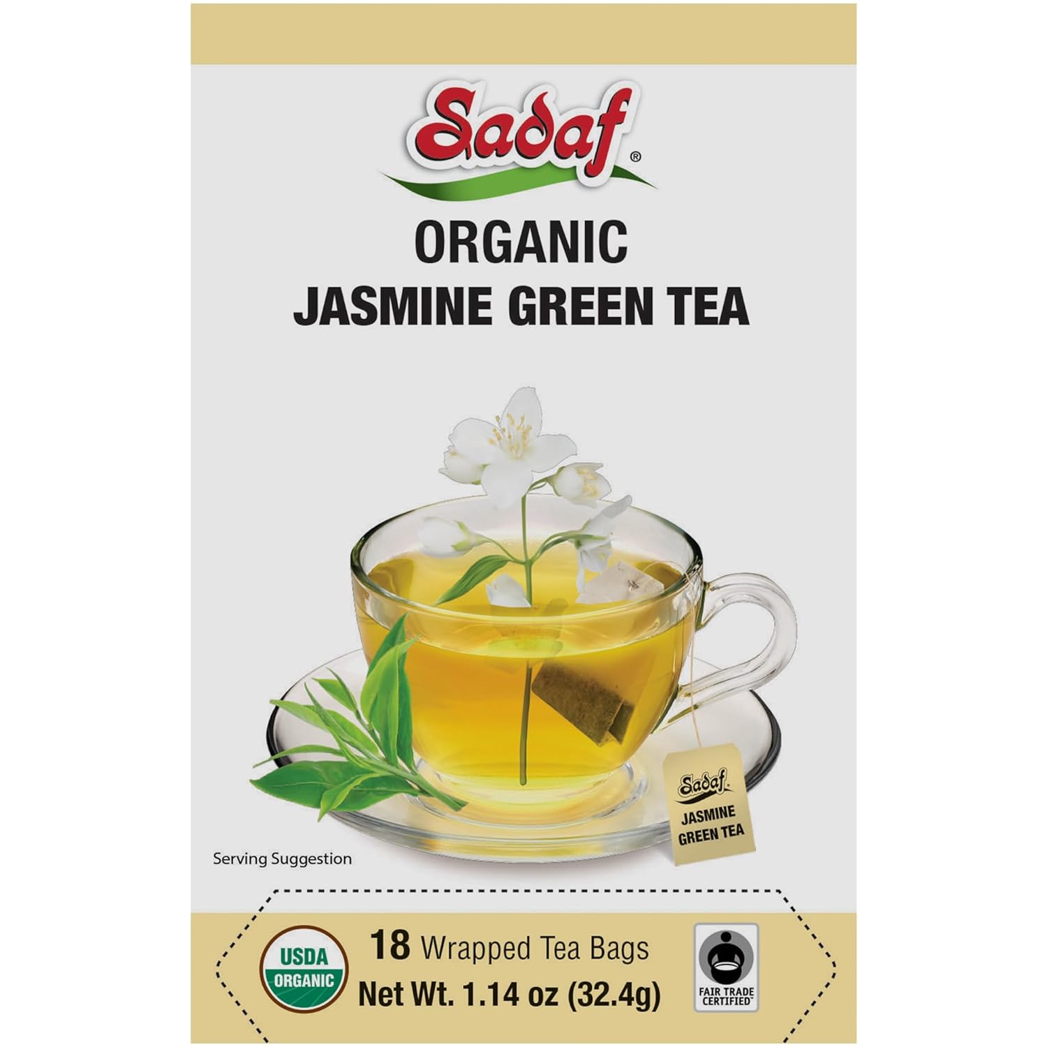 Sadaf Té verde de jazmín orgánico – Bolsas de té de jazmín – Té de flores de jazmín – Halal – Kosher – 18 bolsas de té envueltas