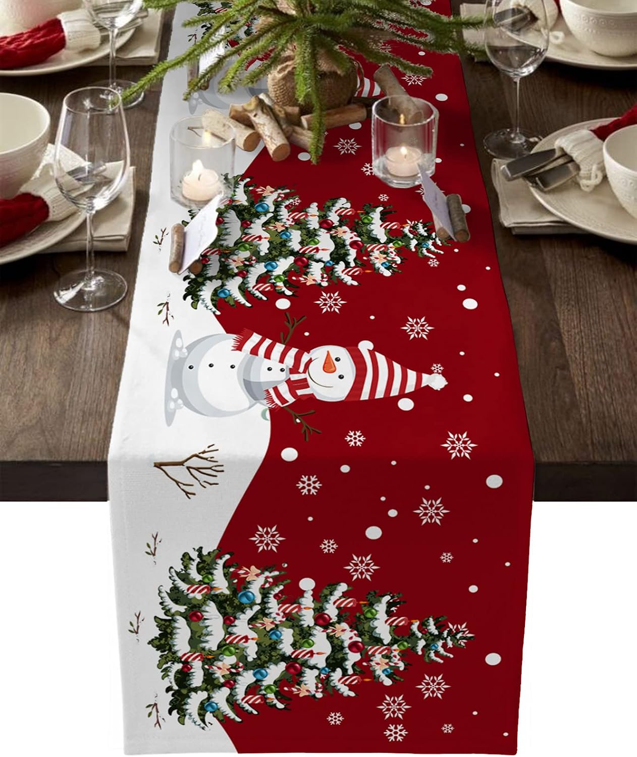Camino de mesa de 36 pulgadas de largo, bufandas de tocador, árbol de Navidad, Papá Noel, muñeco de nieve y copo de nieve, camino de mesa rústico de