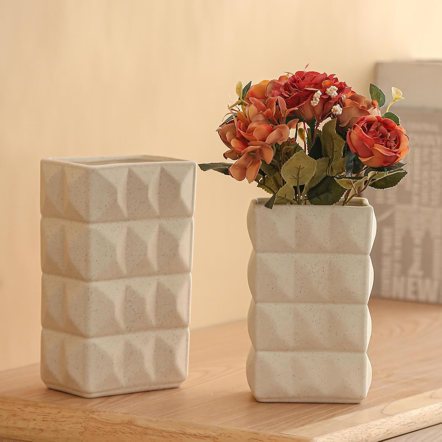 Porceluxe Jarrón de cerámica para decoración, juego de 2 jarrones modernos pesados hechos a mano, jarrón decorativo para flores, ideal para bodas,