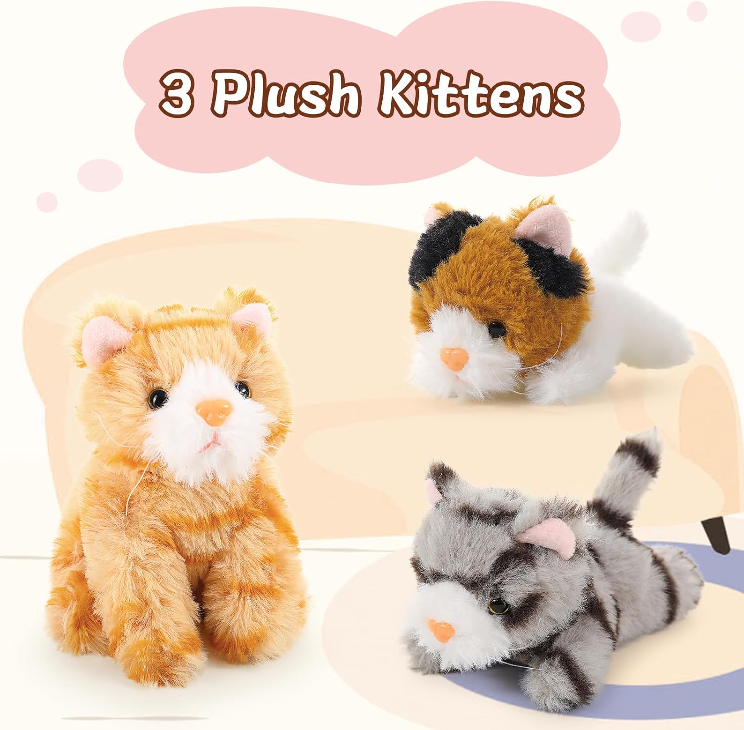 Muiteiur 4 gatos de peluche, 15.7 pulgadas, gato de peluche con 3 gatitos rellenos en bolsa con cremallera, lindos gatos amarillos de peluche para