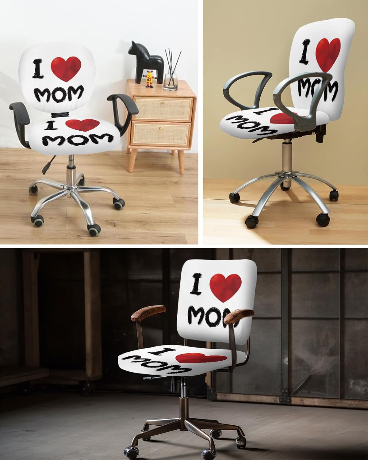 Computer Office Chair Cover Happy Mother’s Day Heart Split Protective Stretchable Rotating Desk Chair Seat Covers I Love Mom Removable Washable