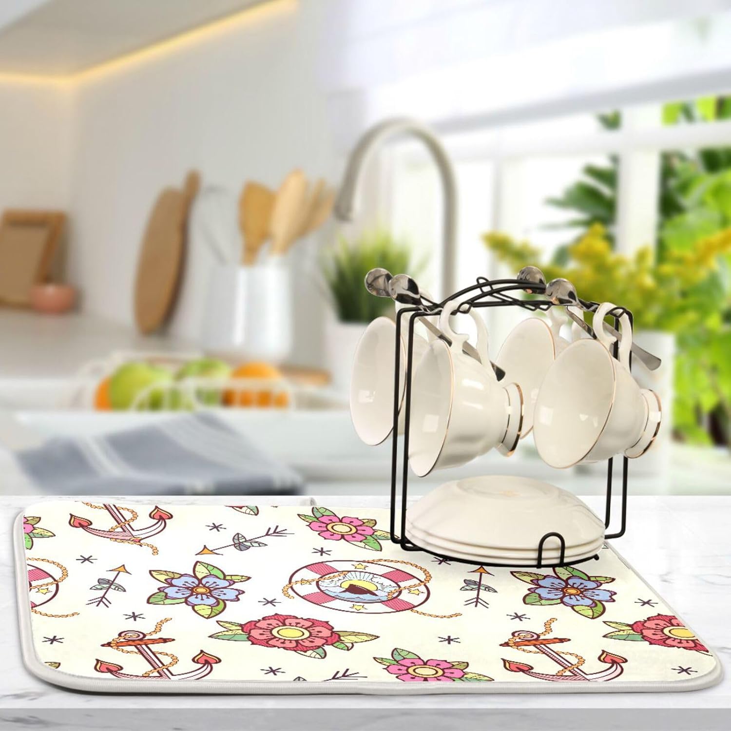 Lighthouse Ship Flowers Rope Arrows Anchor Drying Dish Mat Washnable Absorbent Kitchen Mat Counter Drying Matt Tapete Para Cocina 16” x 18”