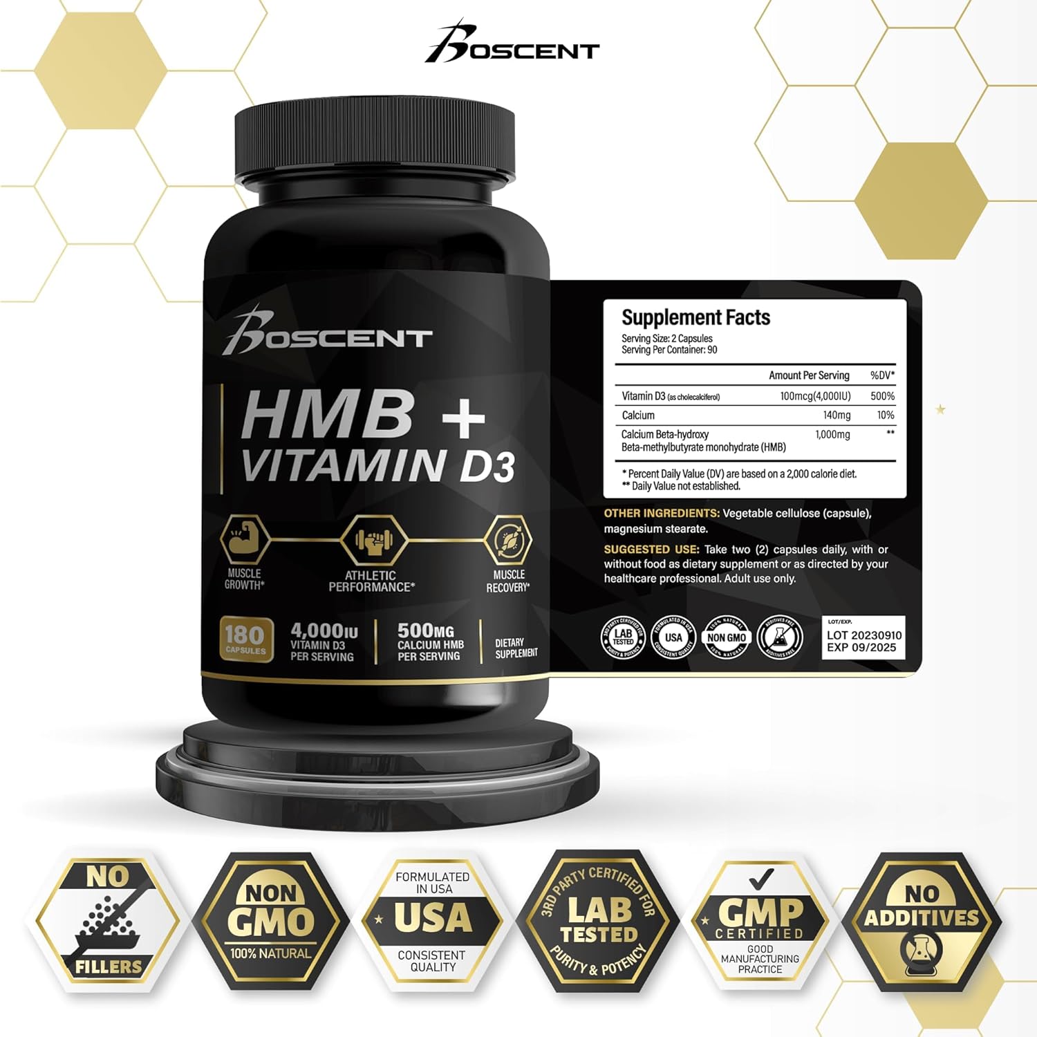 Suplemento de HMB y vitamina D3 – Suplementos de 1,000 mg de HMB con 4,000 UI de D3 y calcio para el crecimiento muscular, la fuerza y la