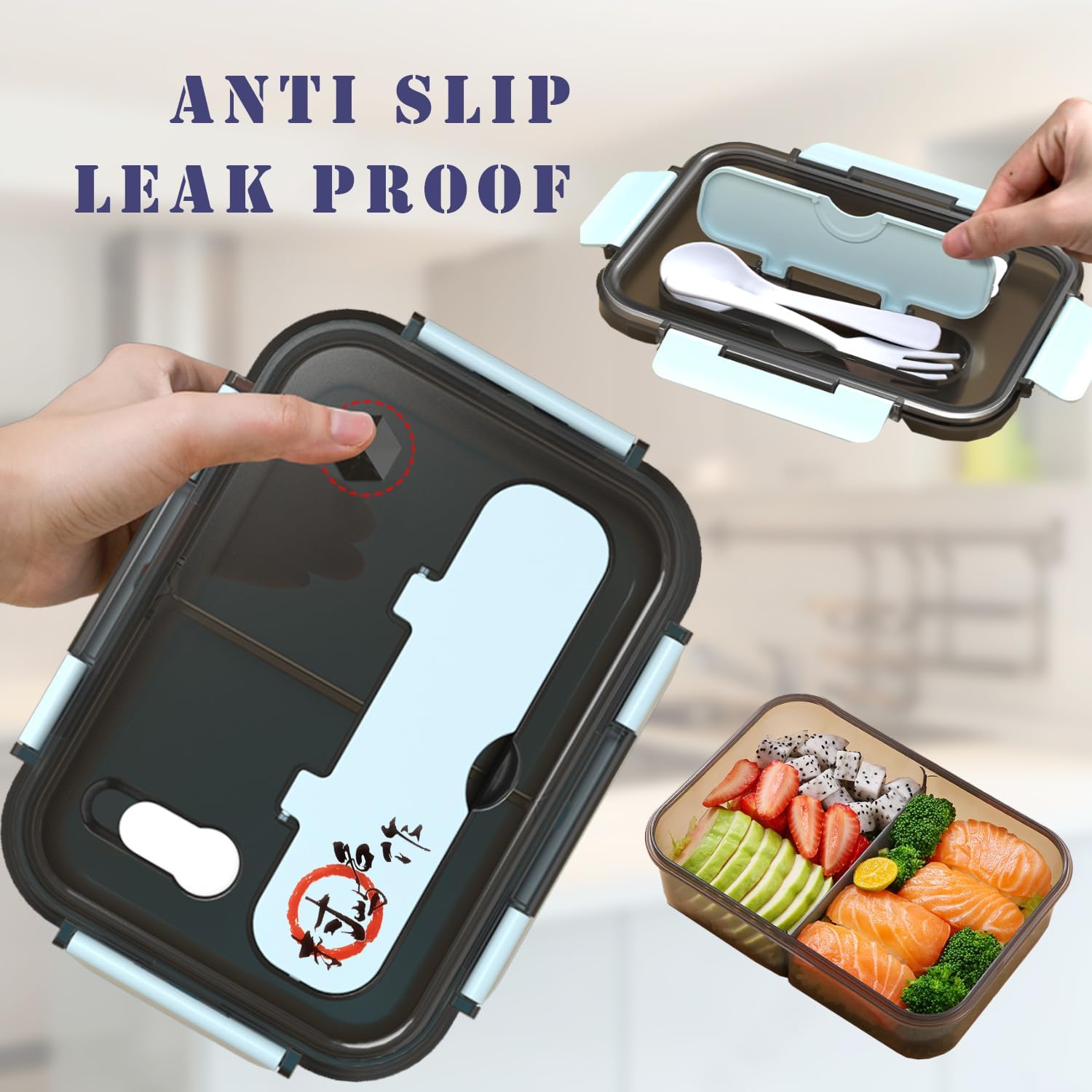 Caja Bento para adultos, loncheras de 3 compartimentos, caja Bento de 50.7 fl oz con cuchara y tenedor, a prueba de fugas, gruesa, duradera para